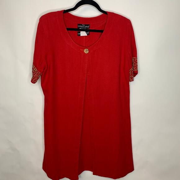 Carole Little Red Dress Jacket Flax Rayon Tencel Sz 14 Beaded Sleeves - Picture 3 of 10